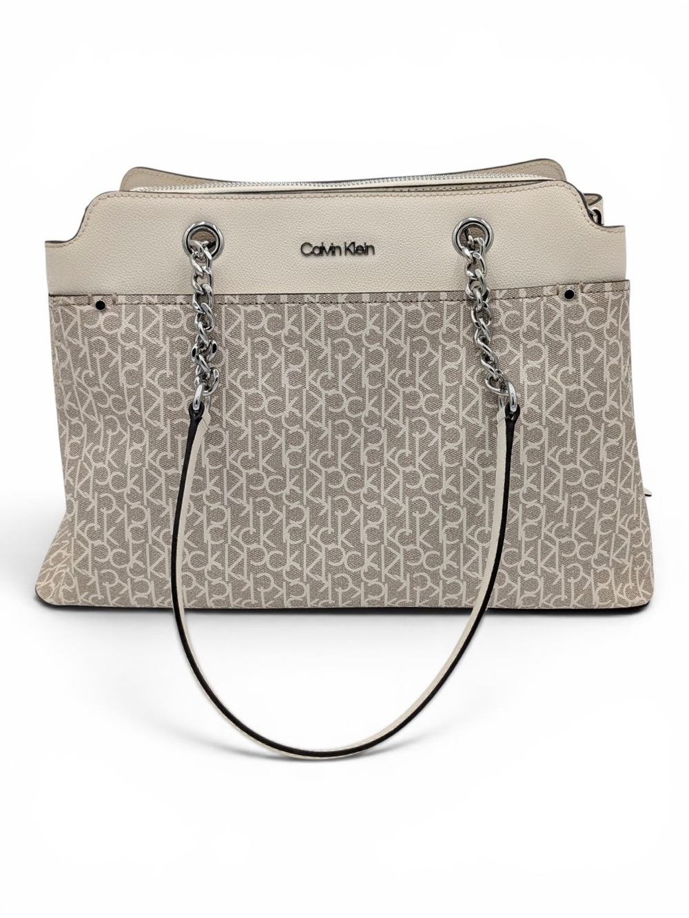 Calvin Klein Cream Monogram Chain-Handle Tote